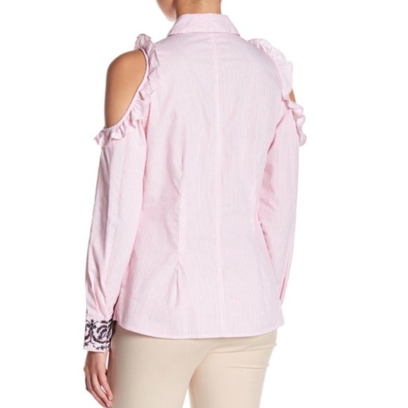Nanette Lepore Ruffle Cold Shoulder button up shirt szM - Picture 3 of 14